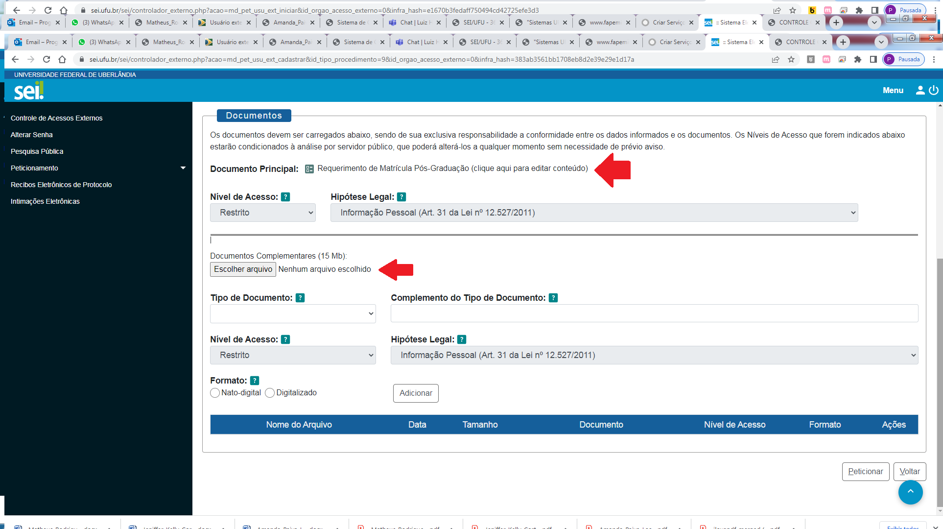 Preenchimento de formulário e envio de documentos